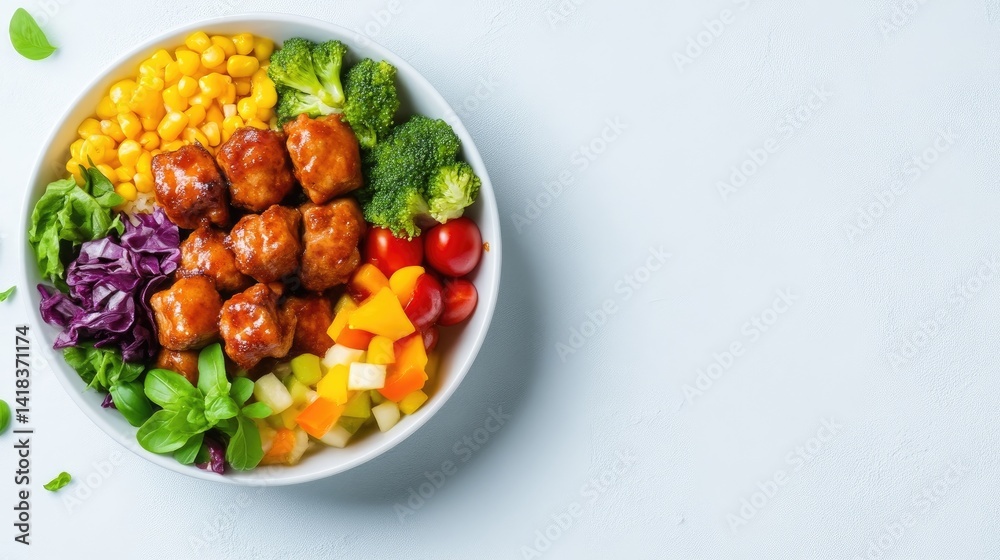 Colorful, healthy bowl with glazed protein and vegetables Colorful, healthy bowl with glazed protein and vegetables