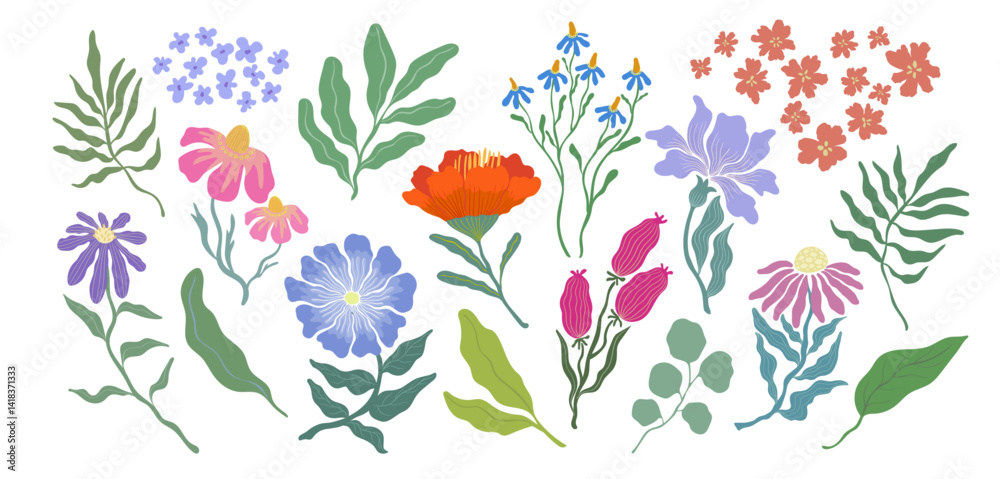 Botanical flower and leaf vector illustration set. Flowers and leaves colorful doodle art for print, wallpaper, clipart, wall art. Hand drawn flat design art.
