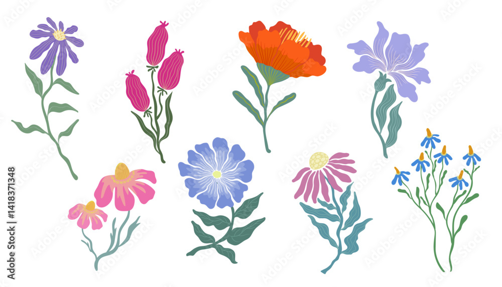 Botanical flower and leaf vector illustration set. Flowers and leaves colorful doodle art for print, wallpaper, clipart, wall art. Hand drawn flat design art. Botanical flower and leaf vector illustration set. Flowers and leaves colorful doodle art for print, wallpaper, clipart, wall art. Hand drawn flat design art.