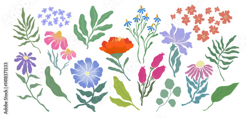 Botanical flower and leaf vector illustration set. Flowers and leaves colorful doodle art for print, wallpaper, clipart, wall art. Hand drawn flat design art.