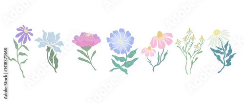 Botanical flower and leaf vector illustration set. Flowers and leaves colorful doodle art for print, wallpaper, clipart, wall art. Hand drawn flat design art.