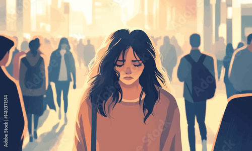 Panic attack in public place. Woman having panic disorder in city. Psychology, solitude, fear or mental health problems concept.