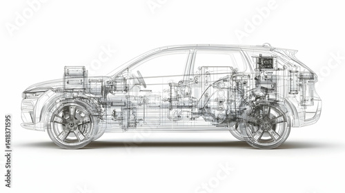 Detailed Line Art Drawing Of A Car's Structure