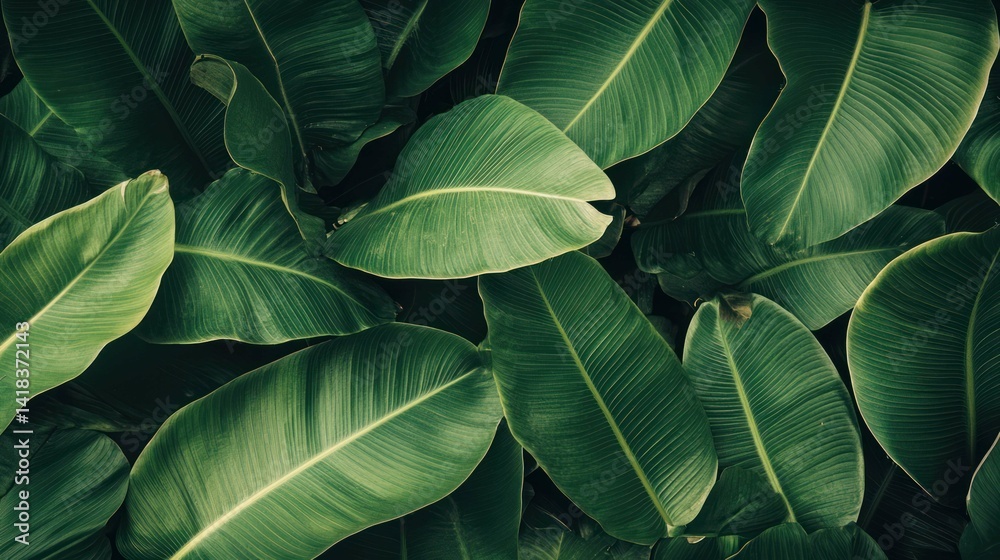 Fototapeta premium Close-up of vibrant green, textured tropical leaves filling the frame.