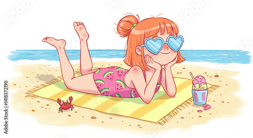 Happy girl lounging on the beach in summer by the sea  