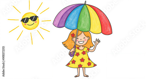 Smiling girl with colorful umbrella enjoying sunny day  