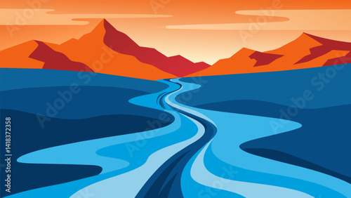 A river flows down from the top of the canvas its reflections changing with each stanza of the melancholic ode written on the adjacent side creating a. Vector illustration