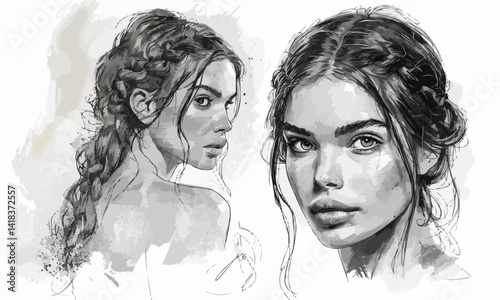 Portrait of a beautiful young woman with a fashion hairstyle, art. Beautiful black and white watercolor and pencil sketch of a young girl.
