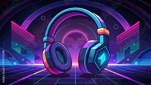 Black headphones on a dark background, 3D rendering, Neon lights,