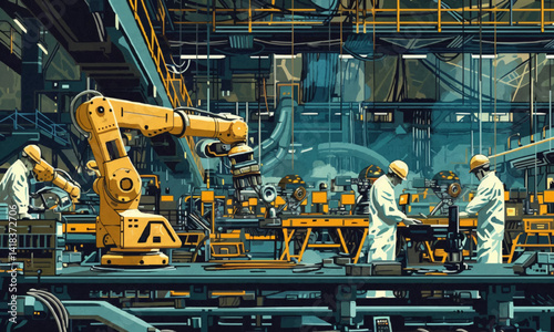 safety-conscious culture within a technologically advanced factory with a vector art piece featuring men and robots adhering to strict safety protocols