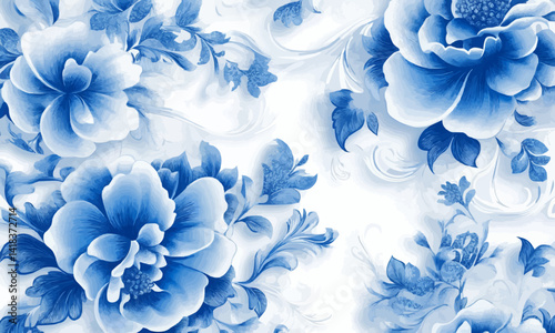 Seamless decorative blue floral pattern with intricate details and layered design on a white background.