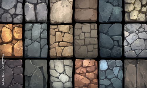Seamless modern cartoon patterns of cobblestones and granite blocks in concrete, designed as stone floor and wall textures for game backgrounds.