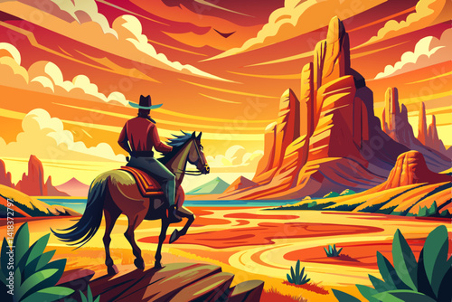 Landscape Sunset illustration of a cowboy riding a horse in the desert