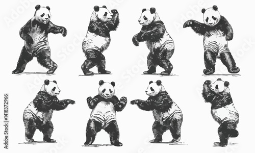 Set of dancing panda hand drawn ink sketch. Engraved style vector illustration