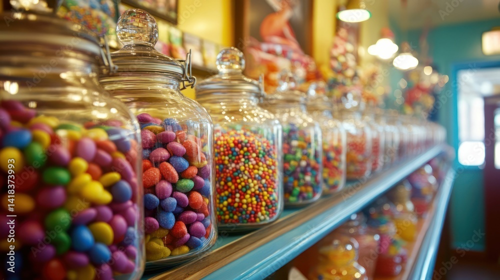 A colorful display of candy in glass jars on a shelf in a candy store. A colorful display of candy in glass jars on a shelf in a candy store.
