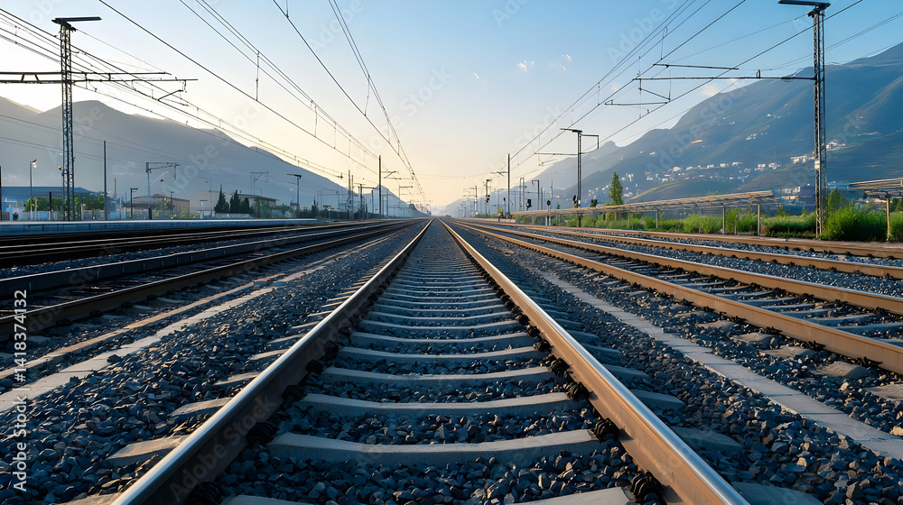 Fototapeta premium Straight Railway Tracks Leading To Distant Mountains