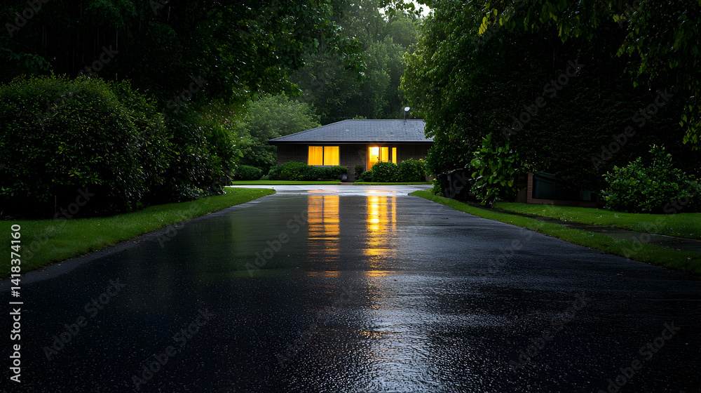 Obraz premium Rainy Night Exterior Of A House With Illuminated Windows