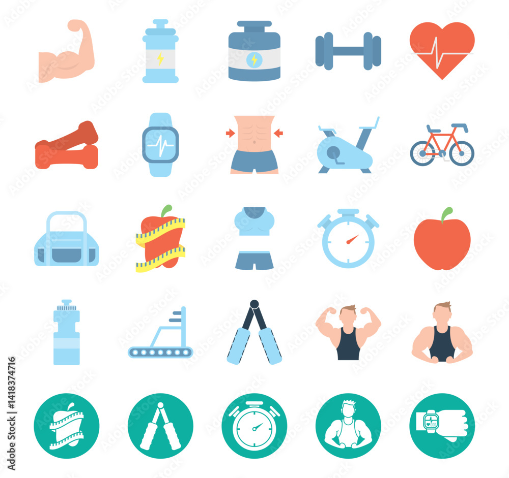 Collection of flat vector icons representing fitness and health elements including muscle arm, protein supplements, dumbbells, smartwatch, slim waist, gym equipment, stopwatch, healthy foods, and pers