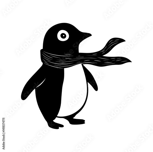 A black silhouette of A penguin waddling with a scarf blowing in the wind
