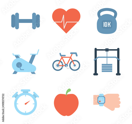 Flat Vector Collection of Fitness and Health Icons Including Dumbbells, Heartbeat, Kettlebell, Exercise Bike, Bicycle, Pulley Machine, Stopwatch, Apple, and Smartwatch