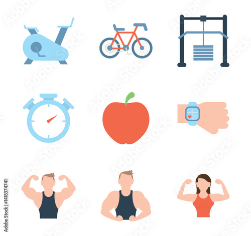 Flat vector illustration of fitness and health icons including exercise bike, bicycle, gym machine, stopwatch, apple, fitness tracker watch, male and female bodybuilders promoting a healthy lifestyle 