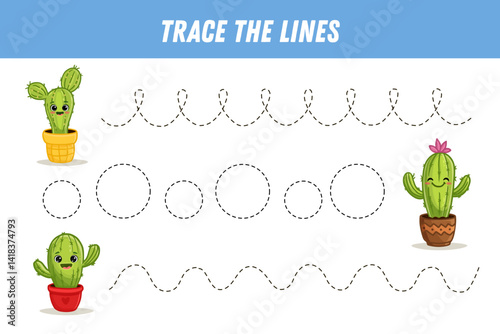 Tracing lines for kids. Funny cactus in flat style. Cute cartoon cacti. Handwriting practice. Educational game for preschool kids. Activity page. Vector illustration