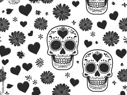 Black and white sugar skulls with flowers and hearts pattern art