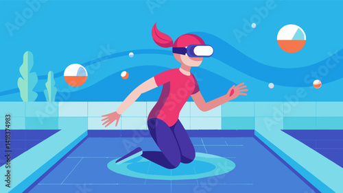 A person with chronic pain is immersed in a virtual reality environment of a swimming pool using VR technology to simulate swimming movements and. Vector illustration