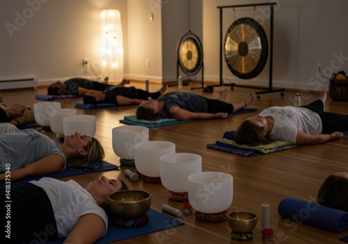 People experience relaxation and meditation during a sound bath session in a peaceful environment.