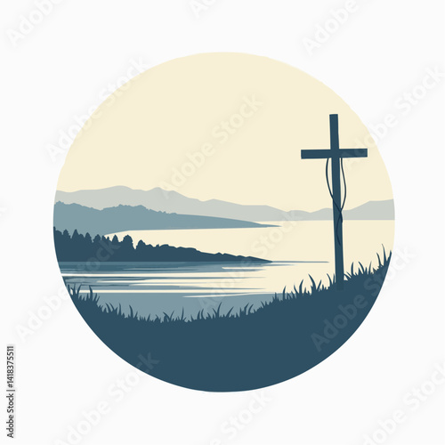 Christian Cross Reflects in Calm Waters Landscape

