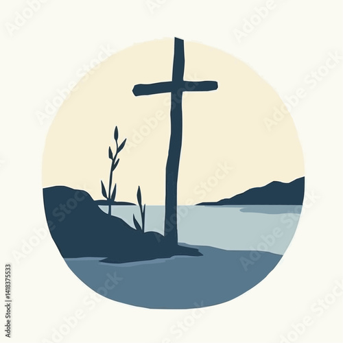 Christian Cross Reflects in Calm Waters Landscape

