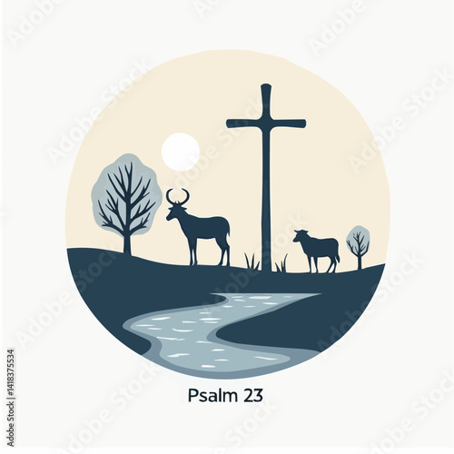 Christian Cross Reflects in Calm Waters Landscape

