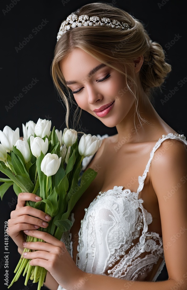 A beautiful bride in a white wedding dress, holding a bouquet of tulips, looking down at the flowers with her hand on its side