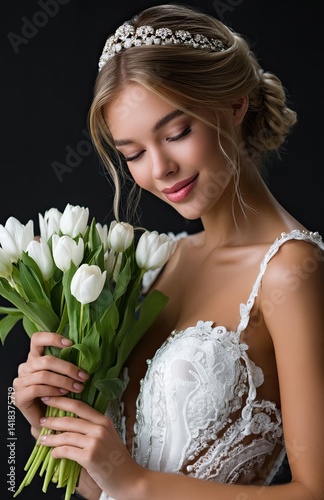 Obraz na płótnie A beautiful bride in a white wedding dress, holding a bouquet of tulips, looking down at the flowers with her hand on its side w salonie