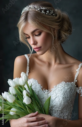 Obraz na płótnie A beautiful bride in a white wedding dress, holding a bouquet of tulips, looking down at the flowers with her hand on its side w salonie