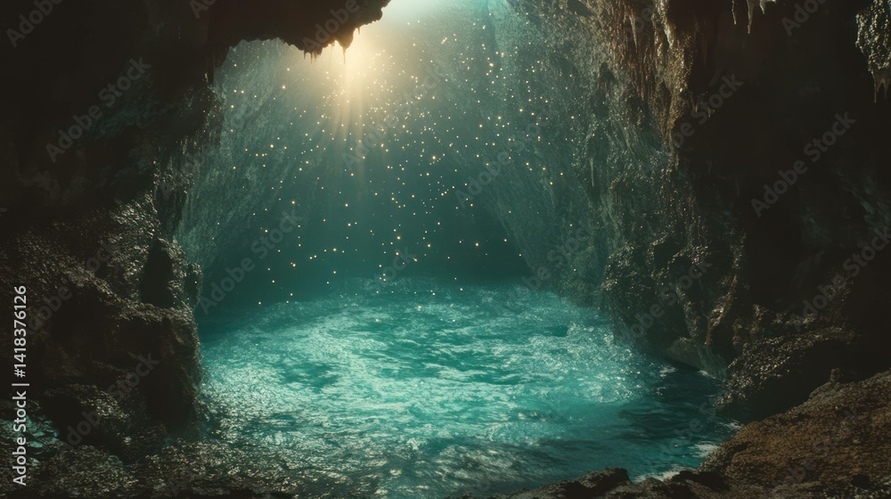 Fototapeta premium Sunlight streams into a turquoise pool within a rocky, dark, serene cave.