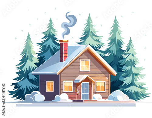 cozy winter cabin in snowy pine forest with warm lights vector