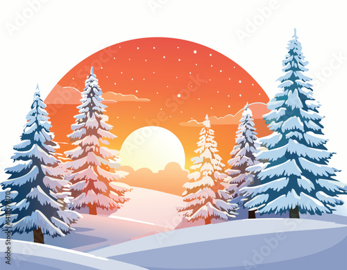 snowy pine forest with vibrant sunset glow vector illustration