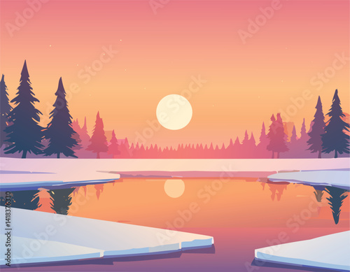 tranquil winter landscape with frozen lake reflecting sunset, silhouetted pine trees, and warm orange-pink sky over icy calm water



