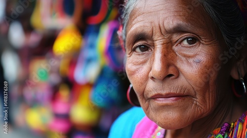 Close-up of an indigenous woman, her face a canvas of experience and wisdom.