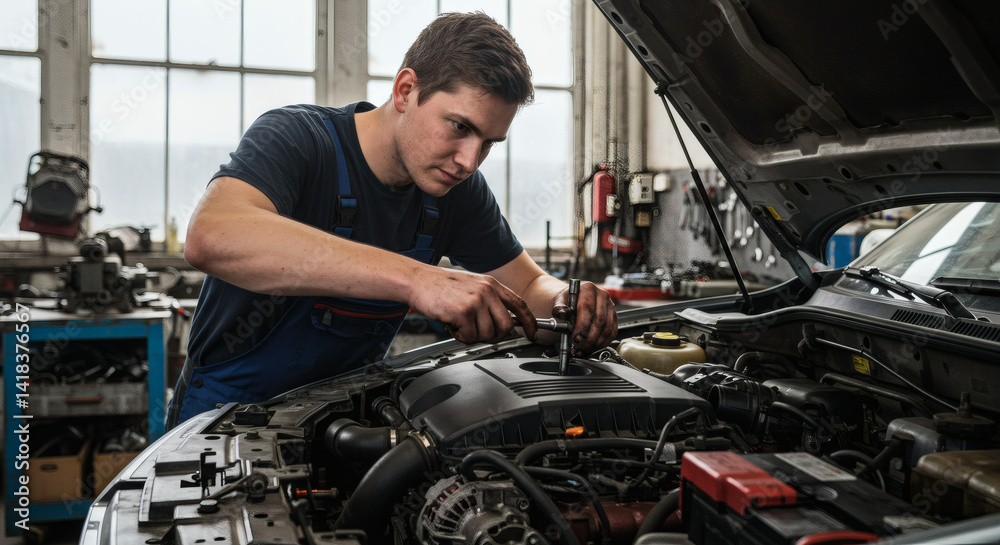 A mechanic working on an open car engine, focused expression, hands with tools, workshop background. High-resolution image, natural light, no blur. A mechanic working on an open car engine, focused expression, hands with tools, workshop background. High-resolution image, natural light, no blur.