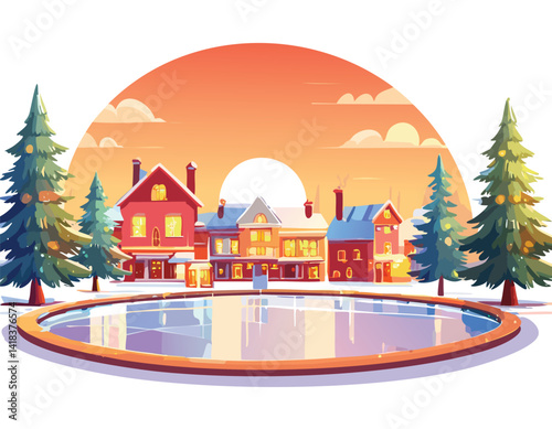 winter village scene with a frozen ice skating rink surrounded by colorful houses and snow-covered pine trees at sunset, vector illustration

