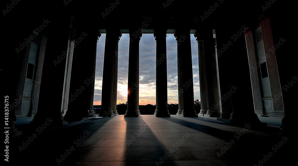 Dramatic dusk silhouette supreme court building colonnade columns shadows Dramatic dusk silhouette supreme court building colonnade columns shadows