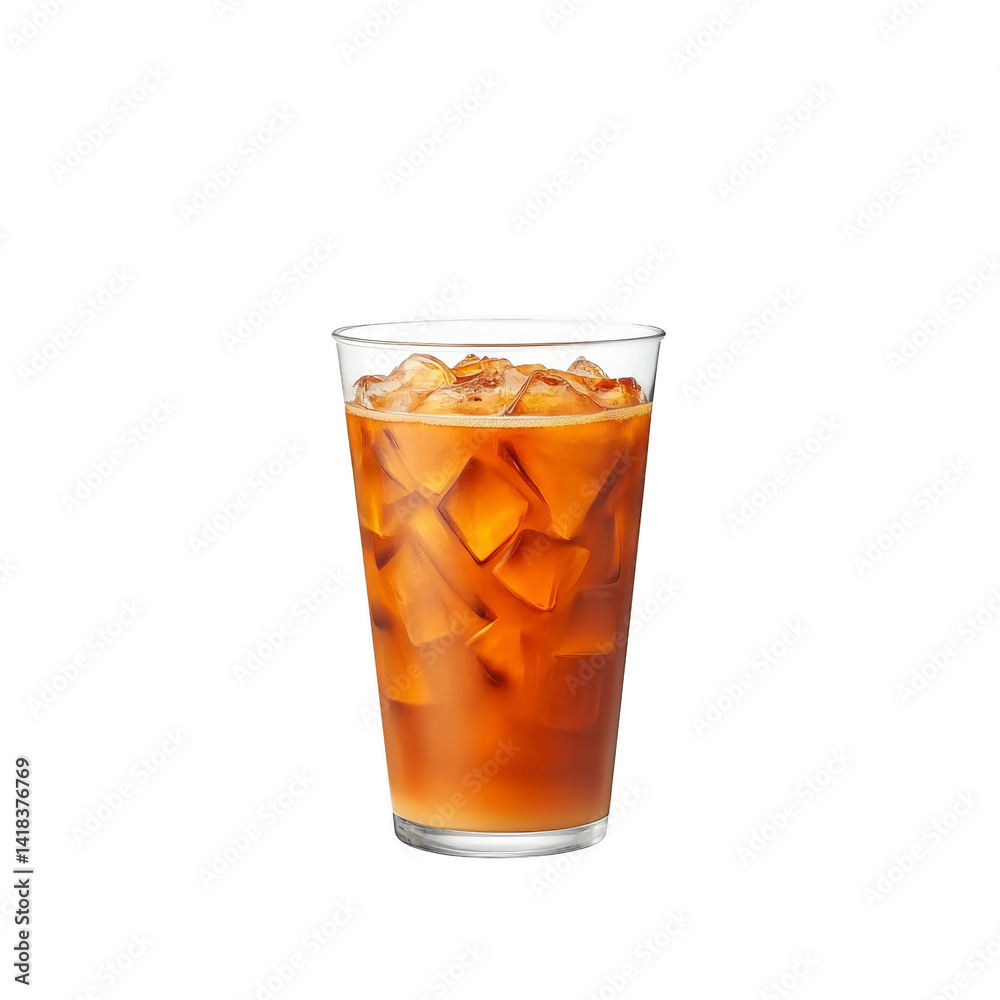refreshing glass of iced coffee filled with ice cubes, showcasing rich brown color. drink is served in clear glass, highlighting its cool and invigorating appearance refreshing glass of iced coffee filled with ice cubes, showcasing rich brown color. drink is served in clear glass, highlighting its cool and invigorating appearance