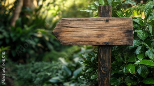 A weathered wooden signpost points the way in a lush, green, nature setting.
