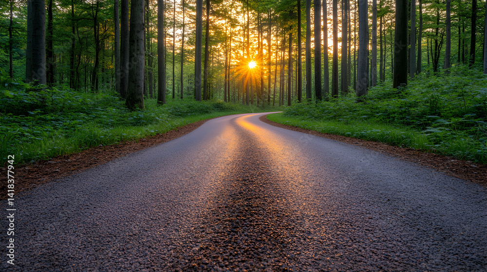Fototapeta premium Serene sunset illuminating a winding road through a lush green forest. Perfect for travel, nature, or inspirational themes.
