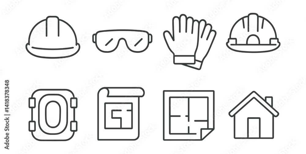 Line vector icons of construction and repair: construction helmet, safety glasses, gloves, hard hat, knee pads, construction plan, blueprint, house.