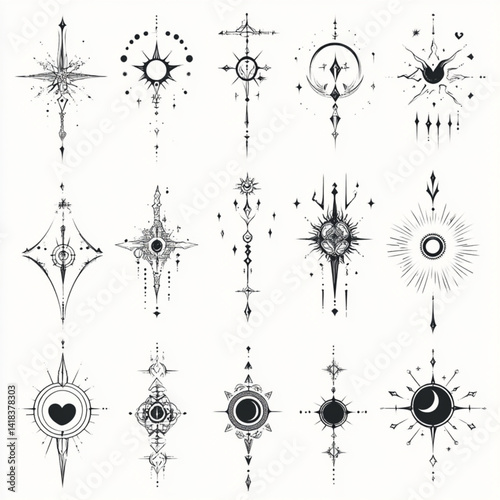 Collection of black and white celestial tattoo design elements