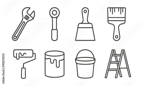 Line vector icons of construction and repair: adjustable wrench, ratchet wrench, putty knife, brush, paint roller, paint, bucket, ladder.