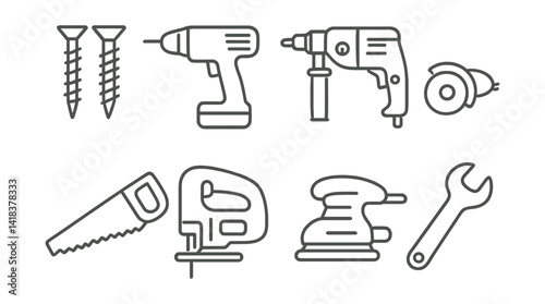 Line vector icons of construction and repair: screws, drill, rotary hammer, grinder, saw, jigsaw, sander, wrench.
